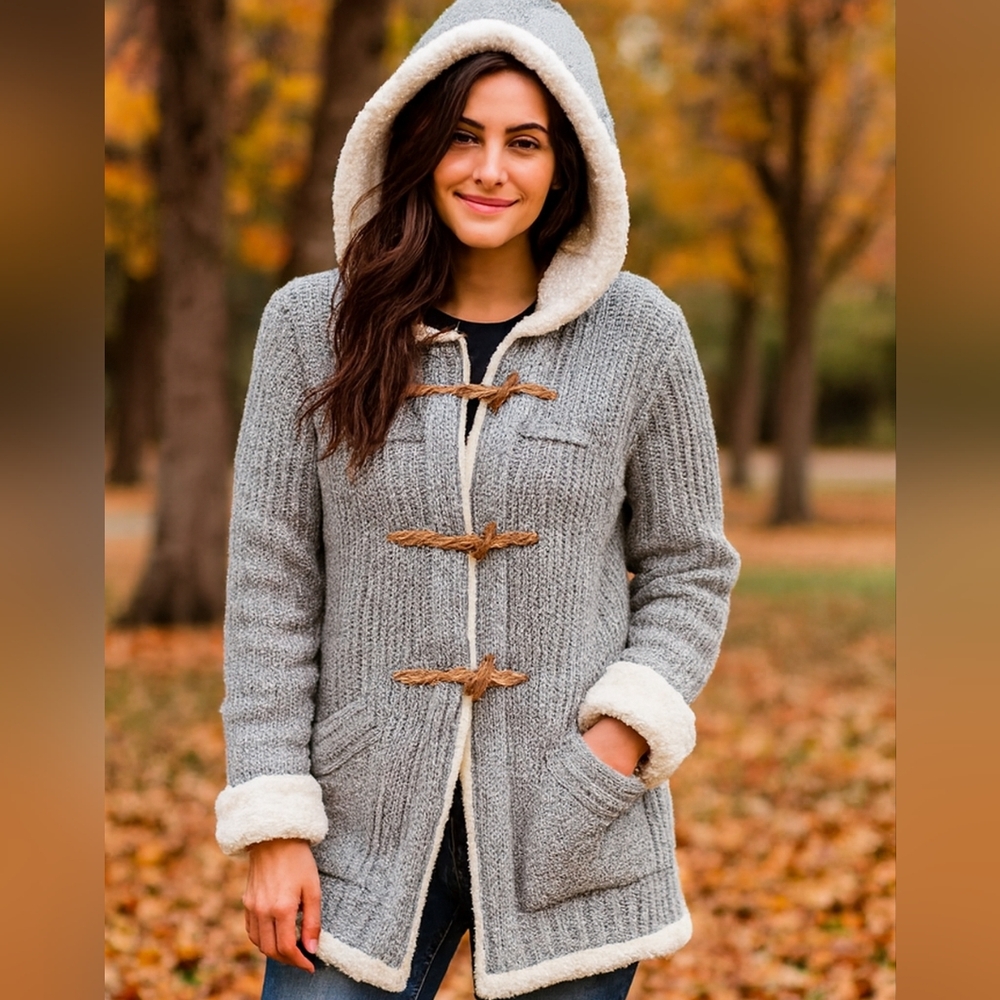 Zara Knit Gray Hooded Chunky Knit Toggle Cardigan with Sherpa Lining Size L